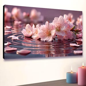 スパウォールアートキャンバス、リラックスできるバスルームの絵、落ち着いた絵、ピンクの花、アートワークギフト、花の瞑想、穏やかな日本のプリント