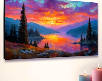 Sunset Mountain Lake Canvas Print: Watercolor Landscape Wall Art
