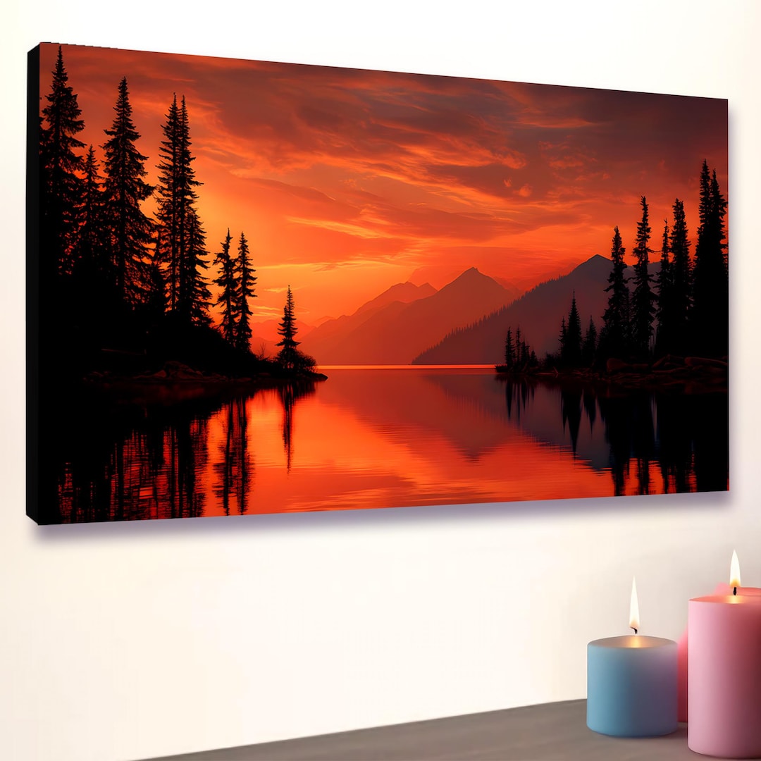 Sunset Mountain Lake Art Canvas Print, Wall Art, Landscape Picture ...