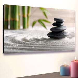 スパウォールアートキャンバス、リラックスできるバスルームの絵、落ち着いた絵、バランスストーン、アートワークギフト、サンドサークル、瞑想、ヨガスタジオ