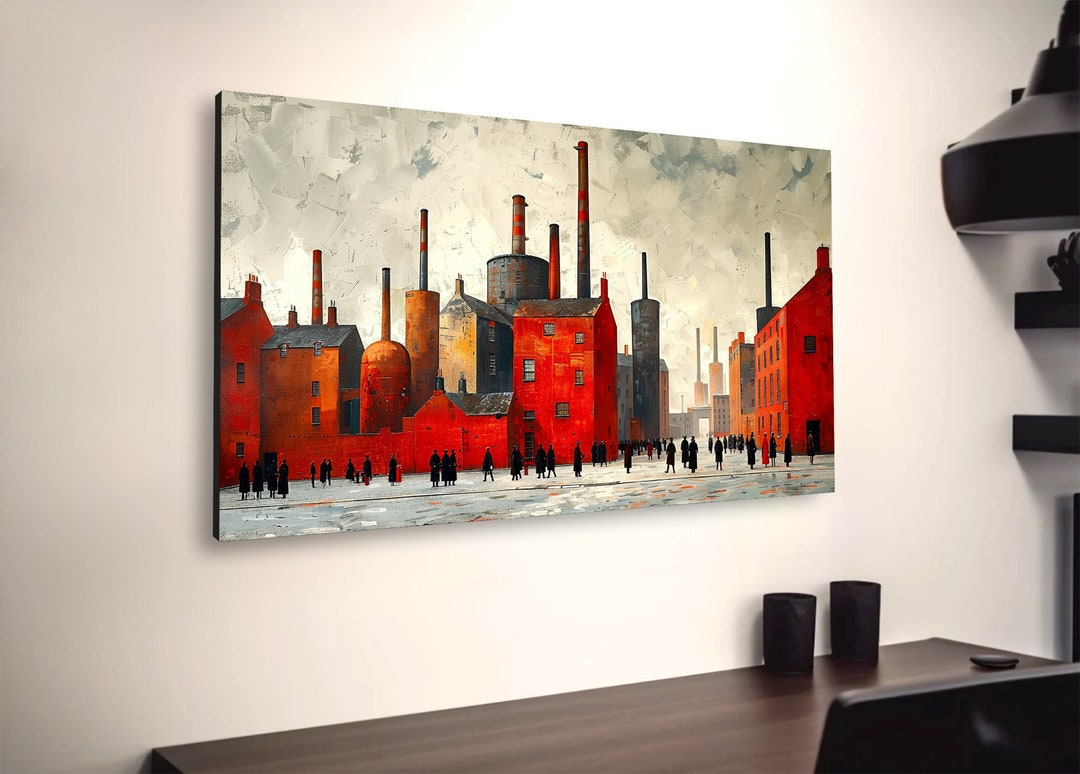 Vintage Wall Art Canvas, Victorian Factory Village, Old Style Picture ...