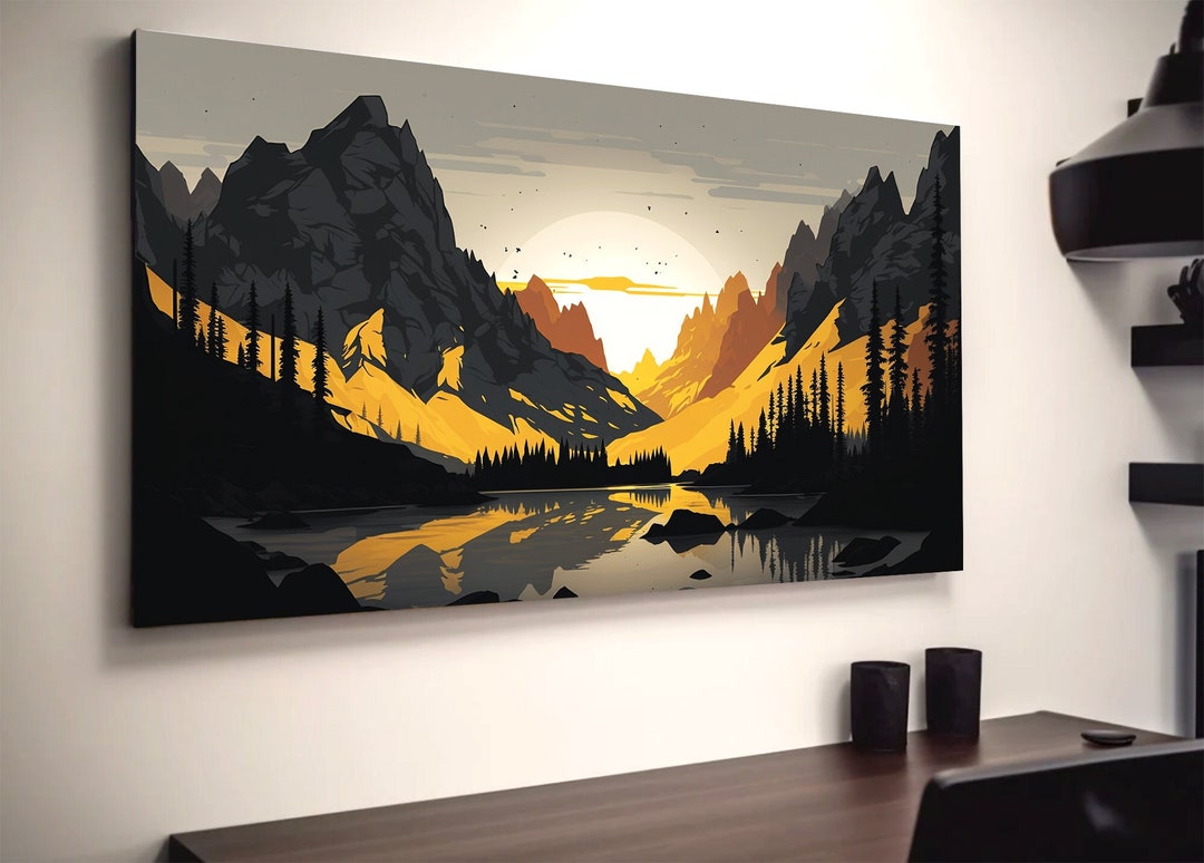 Abstract Mountain Canvas Yellow and Grey, Sunset Mountain Wall Art ...