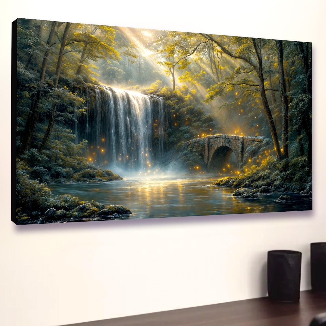 Waterfall Canvas Wall Art: Fantasy Forest Bridge Painting - Etsy