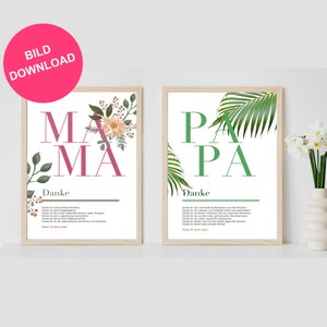 Set de regalo: póster para mamá y papá con texto de agradecimiento, tarjeta con texto como idea de regalo para padres para cumpleaños, bodas, bodas de plata y vacaciones.
