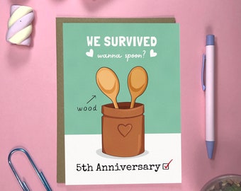 Funny Five Year Anniversary Card | 5th Anniversary Wood Anniversary Spooning | Perfect for Husband or Wife | by Running With Scissors