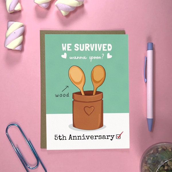 Funny Five Year Anniversary Card | 5th Anniversary Wood Anniversary Spooning | Perfect for Husband or Wife | by Running With Scissors