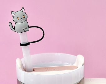 Straw Tumbler Cat | Kitten Straw | Grey Cat Cup Straw Cover | Silicone Cup Accessory | Tumbler Accessories | Water Bottle Drink Topper