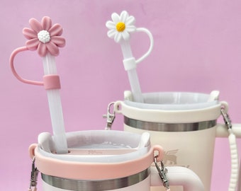 Straw Tumbler Flower | Daisy Cup Straw Cover | Silicone Cup Accessory | Tumbler Accessories | White Pink | Water Bottle Daisy Drink Topper
