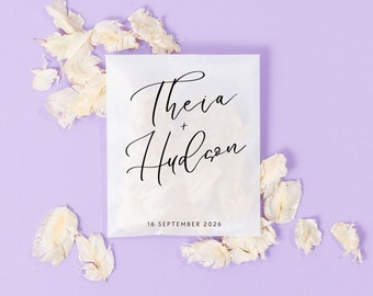 Bruiloftconfetti + tassen | Ivoorkleurige confetti | Gepersonaliseerde tassen | Biologisch afbreekbare confetti | Gedroogde, echte bloemblaadjes | Pergamijn pakjes + confetti