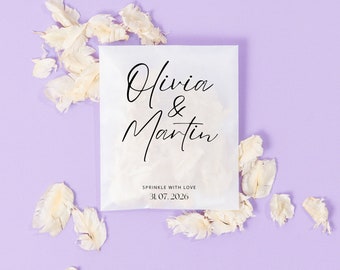 Bruiloftconfetti + tassen | Ivoorkleurige confetti | Gepersonaliseerde tassen | Biologisch afbreekbare confetti | Gedroogde, echte bloemblaadjes | Pergamijn pakjes + confetti