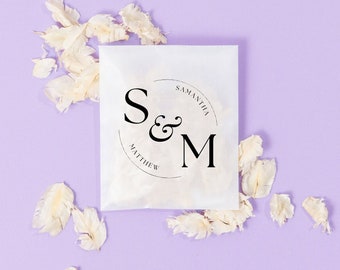 Bruiloftconfetti + tassen | Ivoorkleurige confetti | Gepersonaliseerde tassen | Biologisch afbreekbare confetti | Gedroogde, echte bloemblaadjes | Pergamijn pakjes + confetti