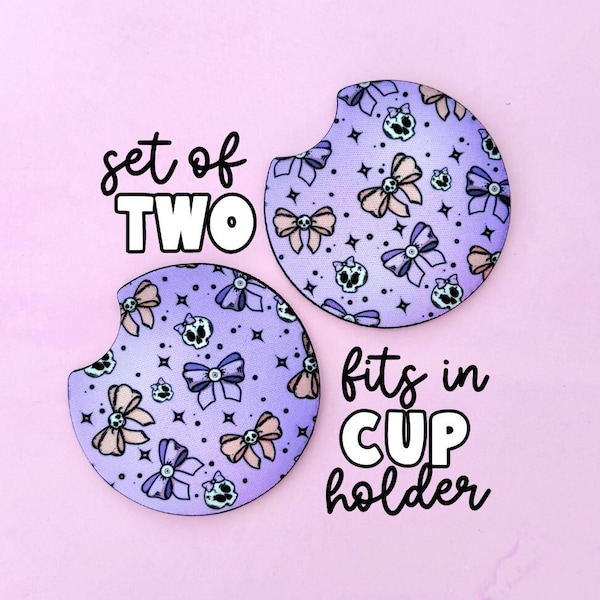 Sottobicchiere per auto / Accessorio per auto / Regalo per il nuovo conducente / Regalo per auto / Sottobicchiere portabicchieri / Motivo a fiocco con teschio viola / Sottobicchieri per auto Set di 2