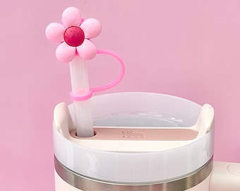 Straw Tumbler Flower | Pink Flower Cup Straw Cover | Silicone Cup Accessory | Tumbler Accessories | Pink | Water Bottle Daisy Drink Topper