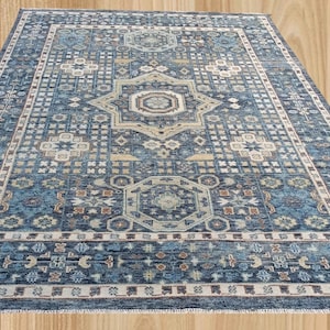 Rustic Wool Area Rug – 9x12 Quick ship! Handmade Blue & Neutral Geometric Carpet, Vintage Persian Mamluk Style Rug, for home Decor