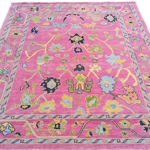 Hand-Knotted Pink Oushak Rug 8x10: Wool Turkish Floral Carpet