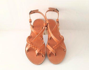 Greek Genuine Leather Sandals, Ankle strap sandals, Leather sandals, Strappy Flat sandals, Women sandals, Greek  sandals, Natural Leather