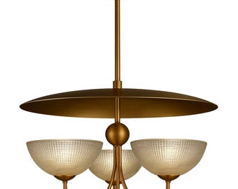 Art Deco Style Chandelier | Mid-Century Modern Brass & Textured Glass Pendant Light
