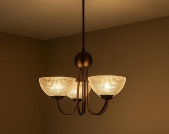 Art Deco Style Chandelier | Mid-Century Modern Brass & Textured Glass Pendant Light