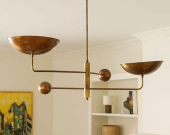 Mid Century 2 Light Curved Pendant Sputnik Chandelier Raw Brass Modern Ceiling Fixture