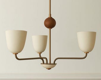 Mid-Century Modern Brass Chandelier | 3-Light Wooden Ball Pendant
