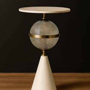 Puede incluir: Una mesa auxiliar moderna con una tapa redonda de color crema. La mesa presenta un globo de vidrio texturizado con una banda de latón, sostenido por una base blanca en forma de cono. La mesa mide aproximadamente 71 cm de altura.