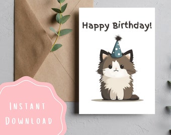 Birthday Card Happy Cute Cat Printable Foldable Birthday Greeting Funny ...