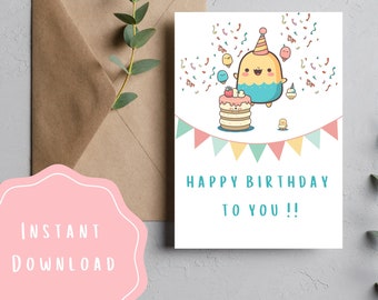 Cute Birthday Card | Happy Animal | Printable Foldable Birthday Card | Funny Kawaii Animal | Instant Download | Easy to Print