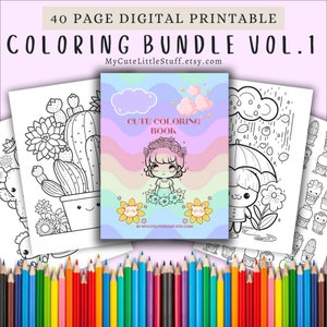 Cute Coloring Book Bundle | Flowers Cats Dogs | 40pg Digital Printable | Kawaii Animal Art | Teacher Classroom Homeschool Preschool Artwork
