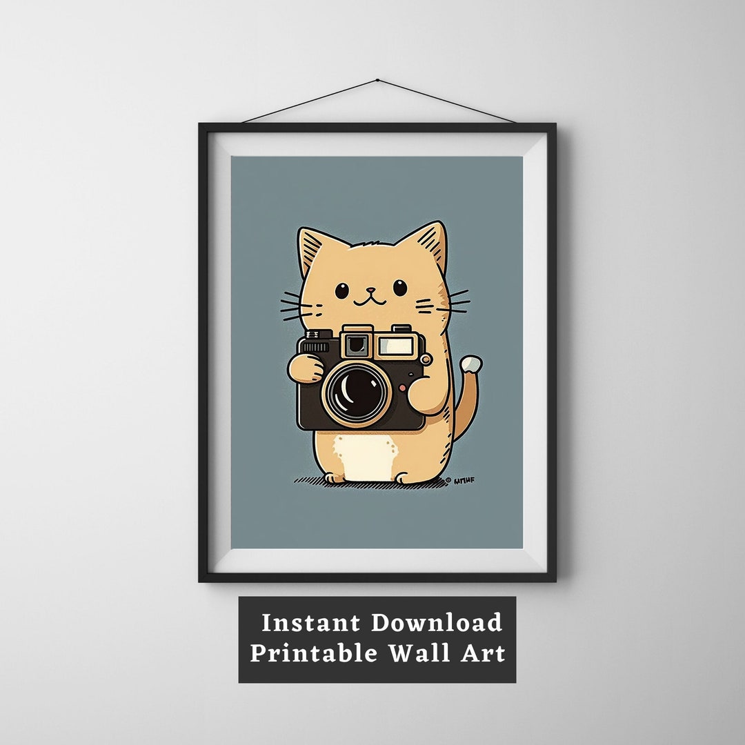 Cute Cat Photographer Digital Wall Art Easy Printable Artwork Fluffy ...