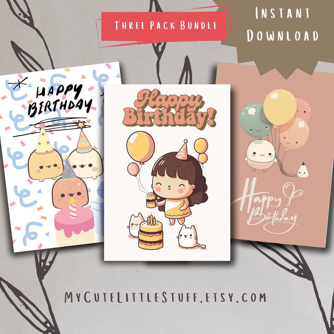 Cute Birthday Card 3 Pack Bundle Cute Animal Printable Foldable — free download