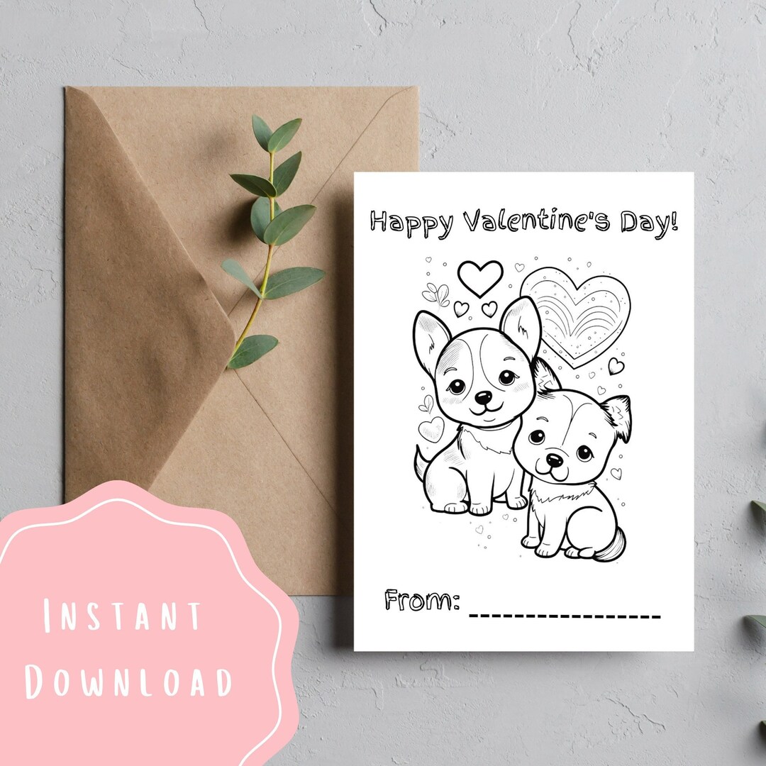 Color It Yourself Card Classroom Valentines Day Cute Dogs in Love Happy ...