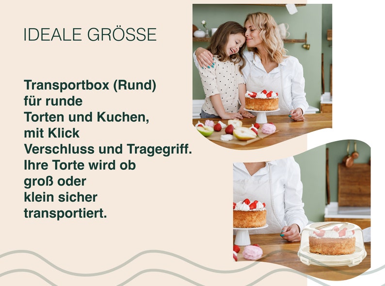 May include: A clear plastic cake carrier with a lid and a handle. The carrier is designed to transport cakes and pastries. The text "IDEALE GR&Ouml;SSE" is visible in the image.