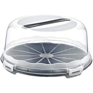 May include: A clear plastic cake carrier with a black handle and a gray base with a removable insert. The insert has a starburst design with 10 sections.
