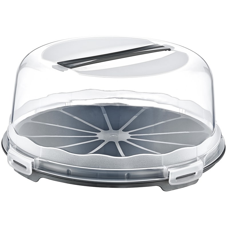 May include: A clear plastic cake carrier with a black handle and a gray base with a removable insert. The insert has a starburst design with 10 sections.