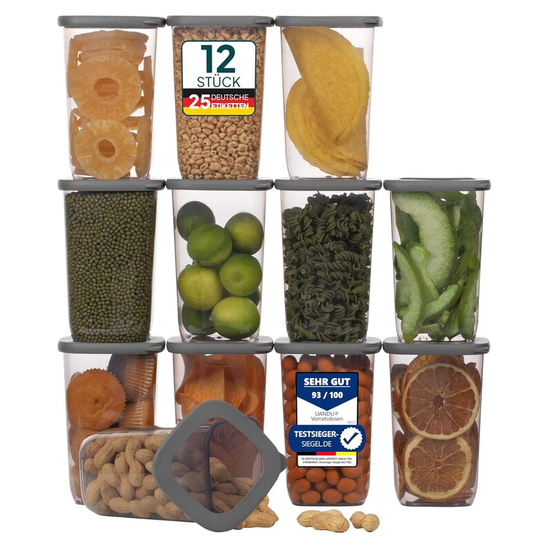 uandu Vorratsdosen mit Deckel, Aufbewahrungsbox Küche für alle Lebensmittel/Organisation, BPA frei, Küchen organizer, Grau, mit 25 Etiketten 12-1200 Grau