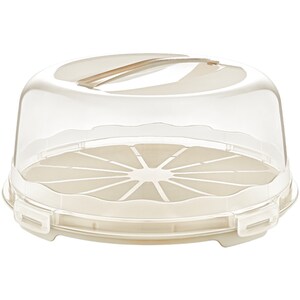 May include: A clear plastic cake carrier with a beige base and a removable lid. The lid has a handle and the base has a decorative pattern.