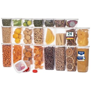 Könnte beinhalten: Ein Set mit 24 durchsichtigen Plastikbehältern mit weißen Deckeln, gefüllt mit verschiedenen Trockenlebensmitteln, Nüssen und Snacks. Die Behälter sind in Reihen angeordnet und alle gleich groß. Die Behälter sind mit dem Text "24 Stück" und "Sehr Gut 93 / 100" beschriftet.