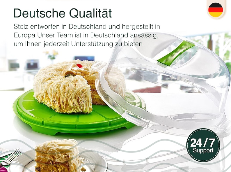 May include: A clear plastic cake dome with a green handle sits on top of a green cake plate with a white cake inside. The cake dome is designed to protect the cake from dust and insects. The cake plate is designed to hold the cake and make it easy to serve. The text "Deutsche Qualit&auml;t" is visible at the top of the image. The text "24/7 Support" is visible at the bottom of the image.