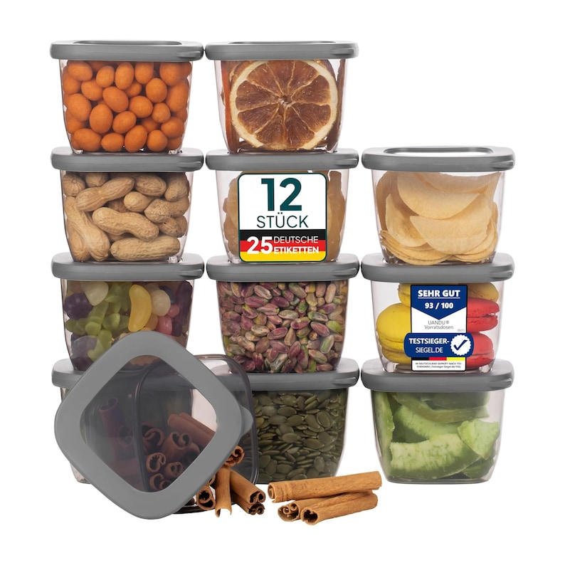 uandu Vorratsdosen mit Deckel, Aufbewahrungsbox Küche für alle Lebensmittel/Organisation, BPA frei, Küchen organizer, Grau, mit 25 Etiketten 12-550 Grau