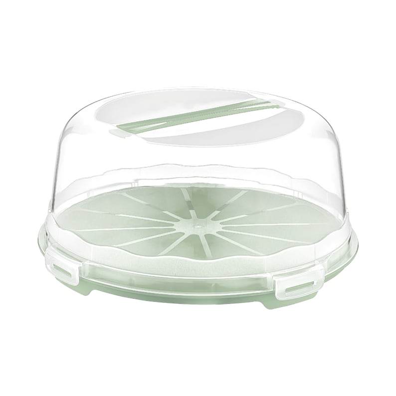 May include: A clear plastic cake carrier with a green base and a dome lid. The lid has a handle for easy carrying.