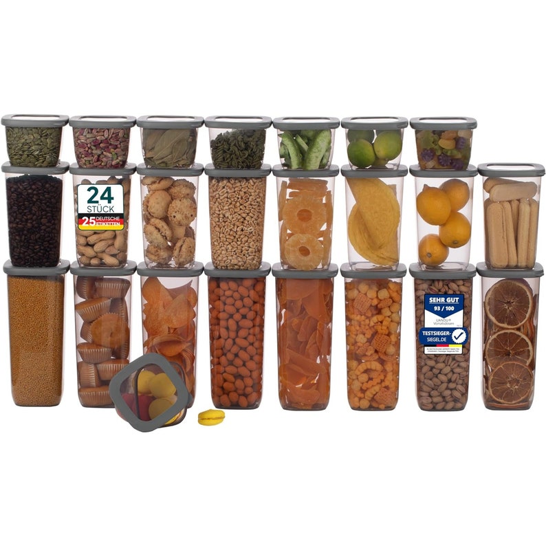 UANDU Boîtes de Rangement avec Couvercles, Boîte de Rangement de Cuisine pour Tous Les Aliments/Organisations, sans BPA, Organisateur de Cuisine, Gris, avec 25 étiquettes 24-mix Grau