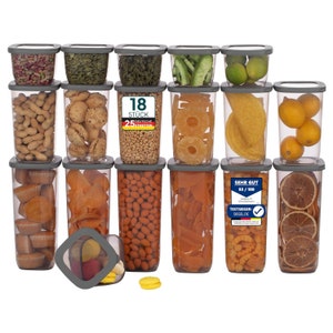 UANDU Boîtes de Rangement avec Couvercles, Boîte de Rangement de Cuisine pour Tous Les Aliments/Organisations, sans BPA, Organisateur de Cuisine, Gris, avec 25 étiquettes 18-mix Grau