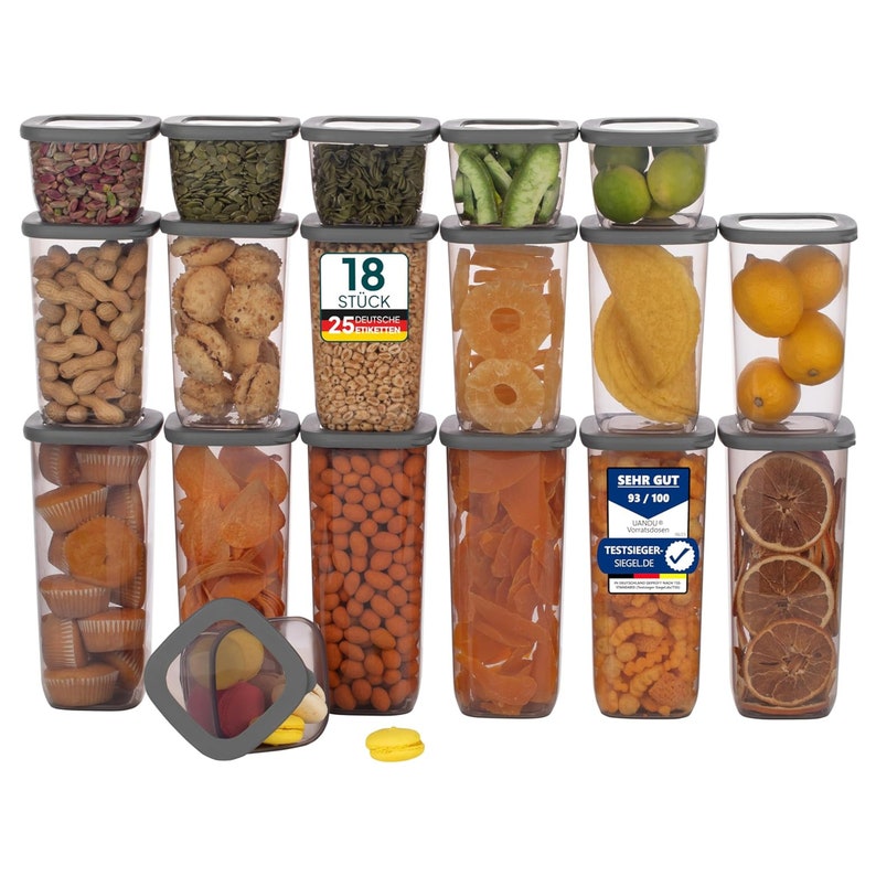 uandu Vorratsdosen mit Deckel, Aufbewahrungsbox Küche für alle Lebensmittel/Organisation, BPA frei, Küchen organizer, Grau, mit 25 Etiketten 18-mix Grau