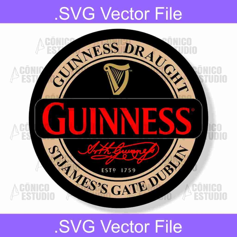 May include: A circular black and tan graphic with the Guinness logo. The logo features the word "GUINNESS" in red, a harp symbol, and the text "ST JAMES'S GATE DUBLIN". The text ".SVG Vector File" is at the top and bottom.