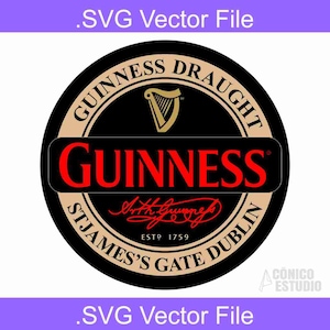 Könnte beinhalten: Ein kreisförmiges schwarz-beiges Logo mit dem Wort "GUINNESS" in Rot und "DRAUGHT" und "ST JAMES'S GATE DUBLIN" in Beige. Das Logo enthält eine Harfe und den Text ".SVG Vector File".