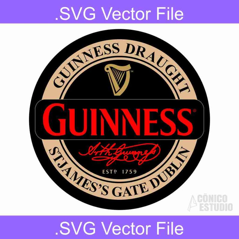 May include: A circular black and tan logo with the word "GUINNESS" in red, and "DRAUGHT" and "ST JAMES'S GATE DUBLIN" in tan. The logo includes a harp symbol and the text ".SVG Vector File".