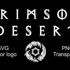 Puede incluir: Fondo negro con el texto blanco "CRIMSON DESERT" en una fuente estilizada. Debajo, un logotipo circular blanco con un diseño detallado. También está presente el texto "SVG Vector logo" y "PNG Transparent".