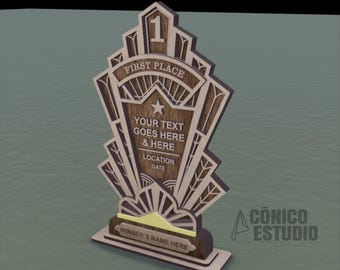 Art Deco Laser Cut Trophy SVG - Gatsby Award Prize Vector File - 3D Wooden Recognition Award Design for Glowforge Xtool - Digital Download