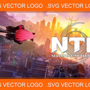 Puede incluir: Ilustración de estilo anime con un personaje de pelo rosa volando sobre un paisaje urbano al atardecer. La imagen incluye el texto "NTE NEVERNESS TO EVERNESS" y "SVG VECTOR LOGO".