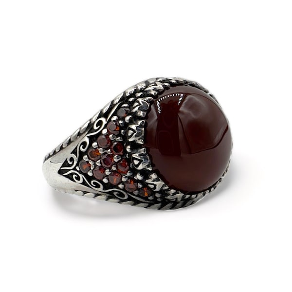 Natural Aqeeq & Red Agate Gemstone - Turkish Handmade Men's Silver Ring - Premium Men's Jewelry